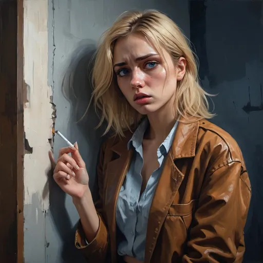 Prompt: 4k , high resolution , photorealism , painting ,emotional ,digital ,expressionism,modeling , artistic , dark room ,  , woman leans against the wall and she holds cigarette , she is sad and bored 
blonde hair , opened brown jacket ,white crop top shirt , detailed dark blue slit miniskirt ,detailed face , sick eyes , sad eyes , low angle shot