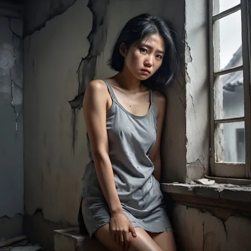 Prompt: 4k , high resolution ,detailed , oil painting , grey themed photo ,poor room with cracked wall ,gray sky, window with shutters , a asian woman leans against the wall ,she looks depressed and tired, black hair with some gray hairs, mini slit  grey dress reveals legs , focus on legs
, portrait , expressionism , dark colors   , modeling pose , fashion , unique pose,close up , 