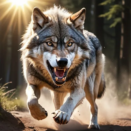 Prompt: 4k , high resolution , detailed photo , ,digital painting , photorealism , animal photography ,wolf  is running  and exposes his teeth , aggressive look , scary  , attacking , photography ,  , sun shines on the wolf's face , dynamic , action