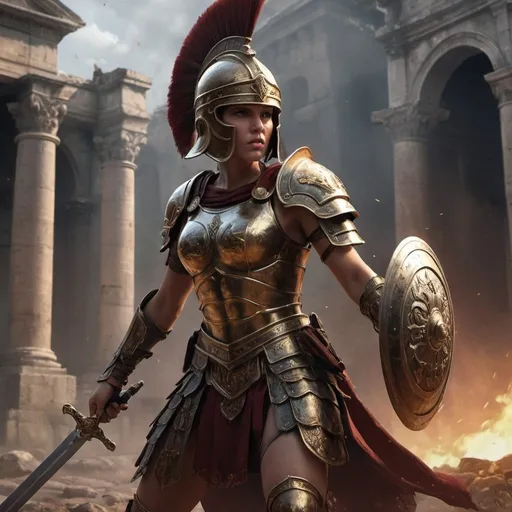 Prompt: 4k, high resolution, detailed features, epic fantasy character art, roman empire, dramatic colors, fantasy art, concept art, female warrior, metal helmet ,sword fight, combat stance, tower in the background,intense battle, detailed armor, ancient setting, warrior, intense action, powerful female, high detailed characters, dramatic lighting, fierce female warrior