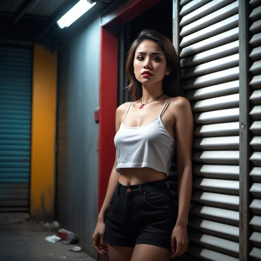 Prompt: 4k , high resolution ,professional ,art photography , dark colors , glamour photography , digital painting , parking loot ,philippines ,industrial area ,neglected street, roller shutter door , night, led lights , a woman standing close to the wall, red tube top shirt  , black shorts   , high heels , necklace , portrait , legs , dramatic colors show that she is a loner , dramatic light , sadness , close up , led light above the roller shutter door , lights are on the woman's skin 