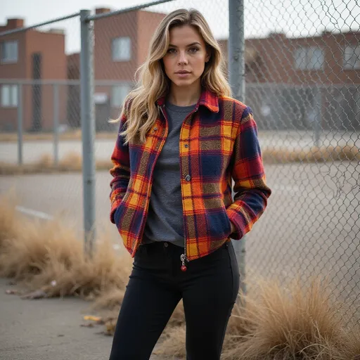 Prompt:  Standing confidently in front of a chain-link fence, a woman exudes a casual yet stylish vibe with her vibrant plaid jacket featuring shades of red, yellow, and blue, paired with simple black leggings . . The background  reveals a muted urban landscape,  highlighting a mixture of buildings with earthy tones, while the ground is scattered with patches of dry grass, indicating an outdoor setting perhaps during the late afternoon,. The natural light casts subtle shadows, enhancing the texture of both her outfit and the gritty surroundings, contributing to a mood of relaxed confidence against an urban backdrop. The overall composition creates a harmonious balance between the subject’s fashion-forward presence and the understated rawness of the environment.