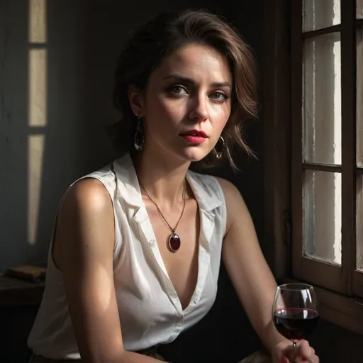 Prompt: high resolution , 4k , detailed face , dark colors , realism,expressionism , portrait , window with opened shutters , sad atmosphere, professional modeling photography ,promotional image , dark room , dark walls ,dramatic lighting , a woman sits and drinks red wine , white sleeveless shirt , khaki tight pants , necklace , earrings , sunlight shines the woman through the shutters 