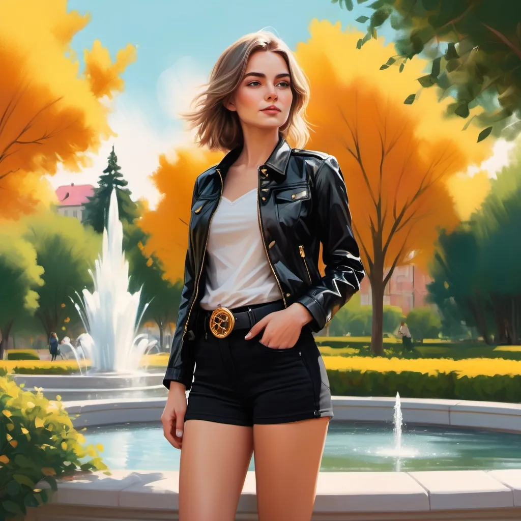 Prompt: digital painting , bright colors , high resolution , 
 a woman is posing for a picture  , there is a fountain in the background ,trees and bushes ,  serene atmosphere , spring season , warmth colors  , she is wearing fitted black crop  jacket , white shirt  ,stylish black shorts with belt (golden circular buckle) ,high knee  black boots (focus on her legs , low angle shot) , , blonde hair , hair band 