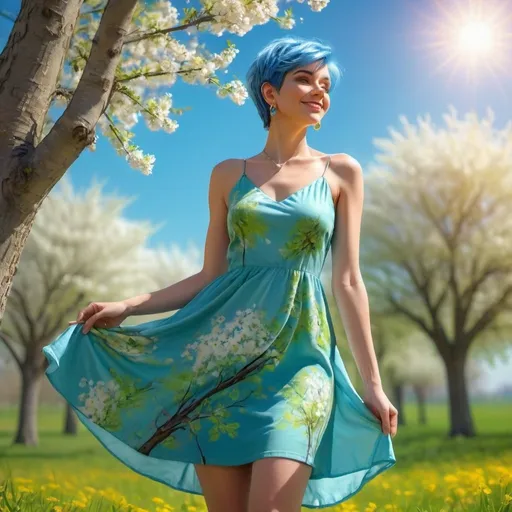 Prompt: 4k , high resolution , glamour photography , art photography , digital painting ,bright colors ,trees ,beautiful calm place ,peaceful ,blue sky, flowers are blooming ,spring season , an attractive woman standing near a tree and she is touching her dress ,she enjoys the freedom of the nature ,the sun shines on the woman and she smiles , blue pixie hair , green floral mini dress  , earrings , necklace  , low angle pose , legs  , low angle shot 