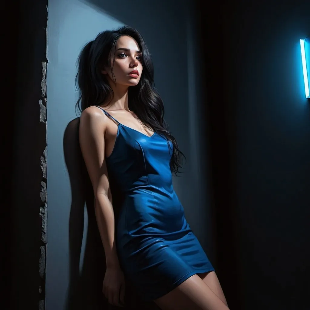 Prompt: high resolution , 4k , digital painting , photorealistic painting , dark colors , a woman leans against the wall  in small dark room
low angle shot , artistic , black long hair , blue slit minidress, modeling , led lights , shadow and light photography 