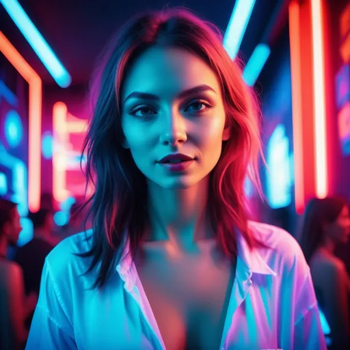 Prompt: (vibrant neon lighting), a european woman posing for the camera  , (night club scene,) filled with dynamic colors, contrasting red and soft light blue hues illuminating the background, an energetic and night atmosphere, captivating details enhancing the nightlife experience