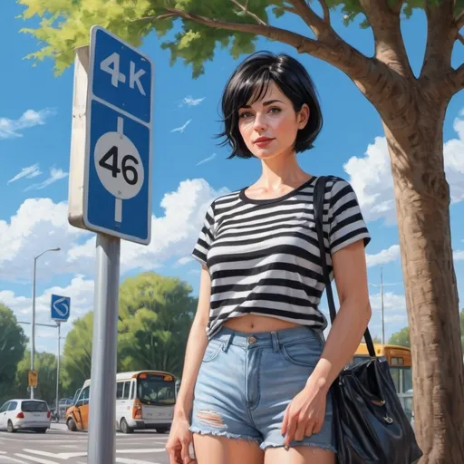 Prompt: 4k , high resolution , detailed , digital painting , bright blue sky ,,
(a woman) standing near a tree and holding a stylish bag (close up), (bus stop , ) with a traffic sign nearby, wearing a stylish black and white striped t-shirt paired with striking black shorts , (short black hair), (pale skin), she is 44 years old ,