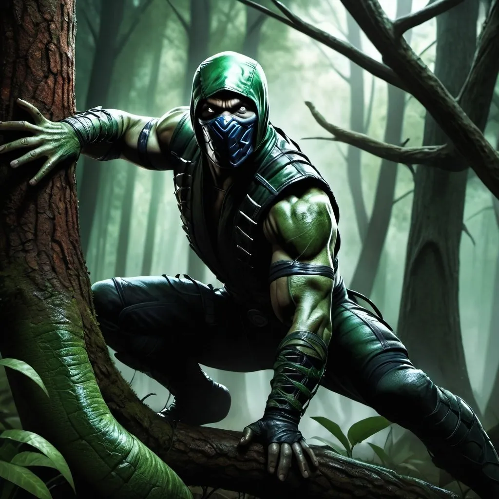 Prompt: high resolution ,4k , fantasy  ,dark colors ,forest , digital painting , illustration , hyper realism , mortal kombat 
 , reptile hides behind tree , 
 , low angle shot , combat stance , lizard's hands, green skin  , snake eyes 