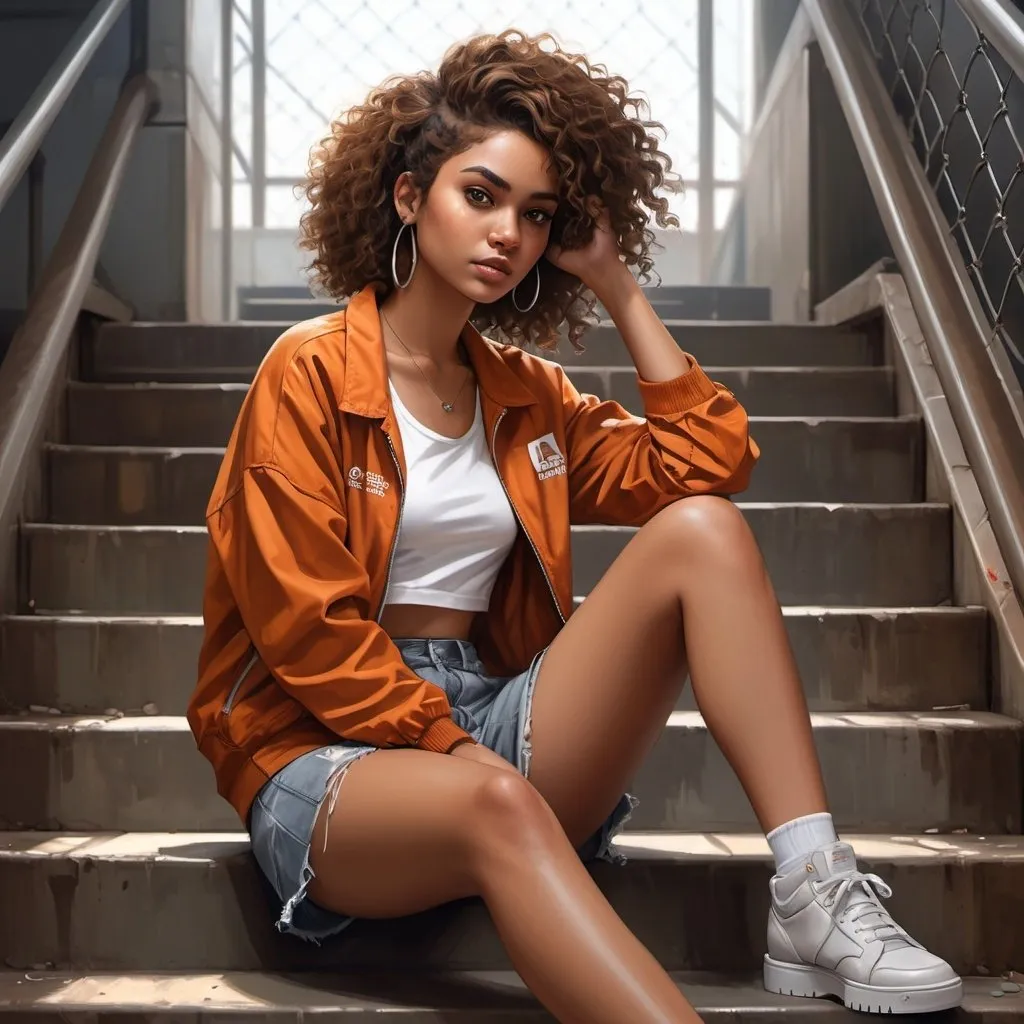 Prompt: 4k , high resolution , detailed , digital painting , a woman sits next to chain-link fence ,cat on the stairs ,industrial , factory ,stairs  ,a neglected place , curly hair,brown skin ,she wears brownish orange jacket , white crop top shirt , gray miniskirt ,leg , good lighting 