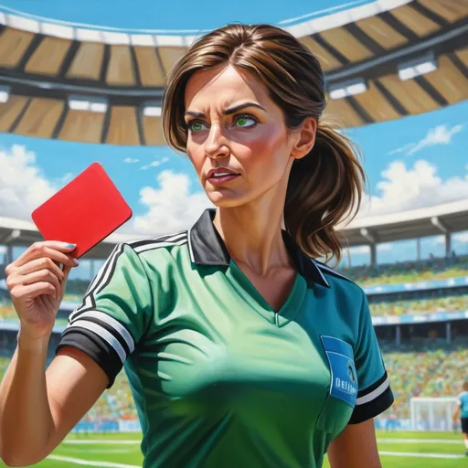 Prompt: 4k,oil painting,high resolution,professional, bright colors , blue sky ,soccer arena,low angle shot , a female referee is giving a small red card, portrait , focus on legs, detailed face , angry face , brunette face , green eyes , dynamic , realism 