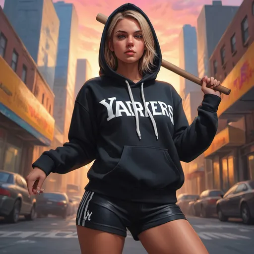 Prompt: (detailed oil painting),gta style, stylish woman posing with a baseball bat in a playing stance, (oversized hoodie of Yankees New York athletics, black yoga shorts ), vibrant colors, urban setting, dynamic art photography, high resolution, 4K, dramatic lighting, skilled composition,  low angle shot to emphasize action and attitude, engaging atmosphere.