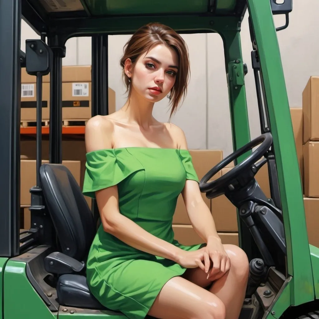 Prompt: 4k , high resolution , hyperrealism , industrial ,digital painting , artistic , modeling expressionism  ,warehouse , cartons ,
a woman is sitting in forklift , off shoulder green mini dress , close up 