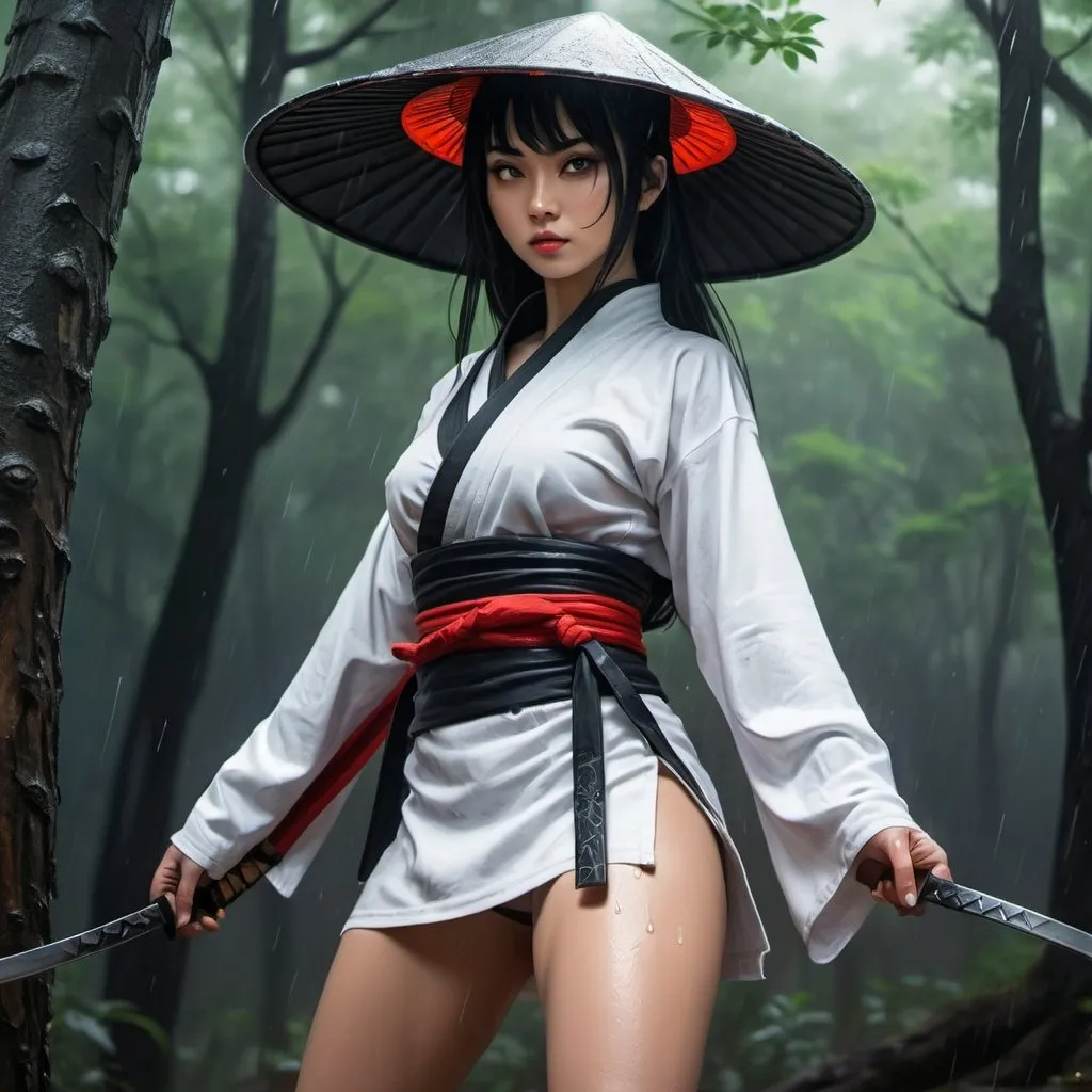 Prompt: 4k ,oil painting ,fantasy, high resolution ,artistic,modeling, a female ninja,she leans against a tree,black hair,she wears rain chinese  hat , long white ninja outfit , white short skirt reveals legs, low angle shot ,focus on legs ,dynamic , wind ,forest,rain,dark area , 