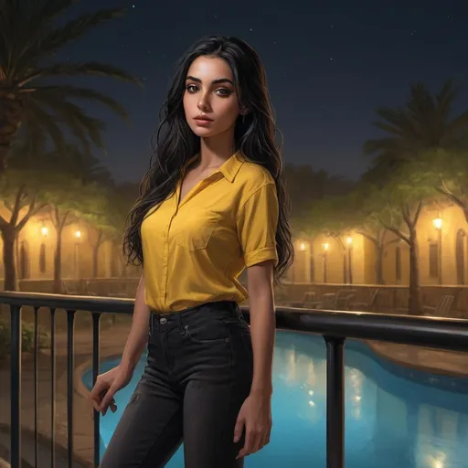 Prompt: 4k, high resolution, digital painting, professional, detailed features, night park scene, illuminated pool ,safety railing, woman leaning against railing,
long smooth black hair , middle eastern skin , yellow shirt , black skinny jeans , 
 illuminated water, 
lights, atmospheric lighting, confident pose 