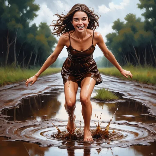 Prompt: 4k,high resolution,detailed, oil painting,dark colors,earth,nature,view, brown themed photo,woman leaps over puddle ,brunette hair,brown eyes,mini slit dress reveals legs, focus on legs,smile, view from the ground 