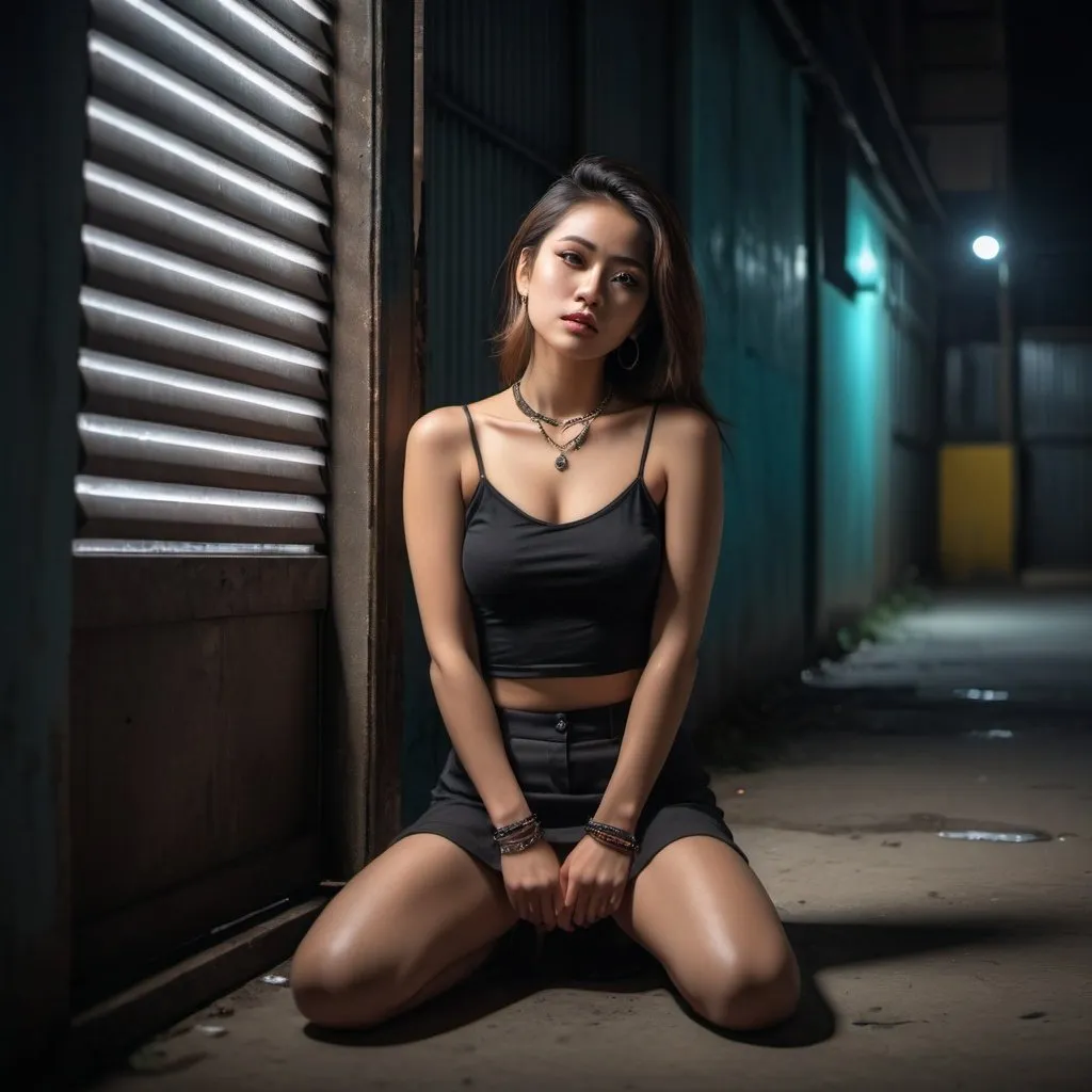 Prompt: 4k , high resolution ,professional ,art photography , dark colors , glamour photography , digital painting , parking loot ,philippines ,industrial area ,neglected street, roller shutter door , night, led lights , a woman sitting close to the wall, black crop top shirt  , black miniskirt   ,legs  , high heels , necklace , portrait , dramatic colors show that she is a loner , dramatic light , sadness , close up , led light above the roller shutter door ,light shine above the woman's skin , 