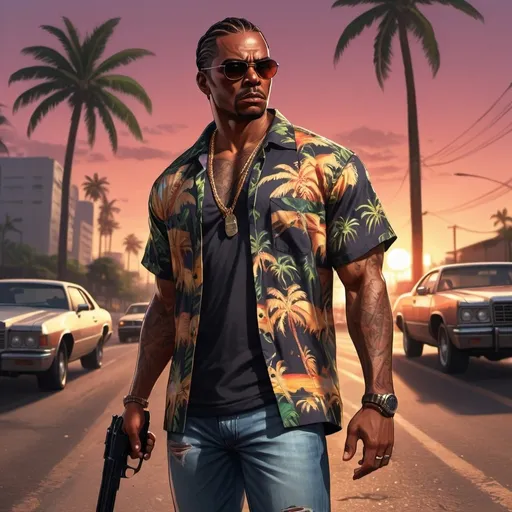 Prompt: 4k , high resolution , detailed , gta style ,dark colors , digital painting , palm tree ,sunset ,light ,road , cars ,outdoor , dramatic atmosphere  ,opened hawaiian shirt, jeans , a black man in the street , tough face , sunglasses , mirrored lens , braids haircut ,muscular figure , he holds a pistol , shooting stance  , low angle shot  , close up 