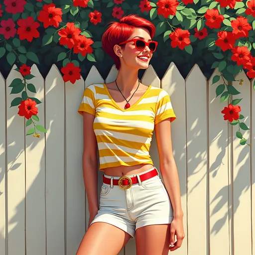 Prompt: A vibrant digital painting captures a sun-drenched scene where a woman (red pixie hairtcut)stands confidently against a backdrop of a charming white fence adorned with cascading red flowers, their petals gently swaying in a warm breeze. She wears a horizontally striped yellow and white shirt that pops against the soft, sandy ground below her feet, paired with fitted white shorts held in place by a striking red circular buckle belt. Around her neck glimmers a necklace showcasing a brilliant red beryl, while stylish red sunglasses rest lightly on her nose. Dramatic, dappled sunlight filters through the flowers, creating playful shadows, enhancing her joyful expression as she gazes to the side, embracing the carefree essence of summer. This scene, imbued with warm, inviting colors, evokes a sense of leisure and vibrant life, perfect for a bright and cheerful artwork.