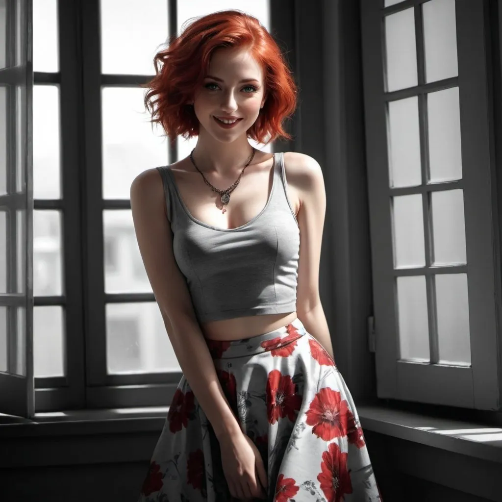 Prompt: 4k , high resolution ,achromatic colors ,digital painting ,glamour photography , art photography , professional , dark room , window with opened shutters ,sunlight shines the woman through the window  , a woman standing in modeling pose ,smile , red hair ,pale skin, red sleeveless crop top shirt , detailed gray floral short circle skirt ,necklace , legs  ,close up, light and shadow photography , low angle shot 
