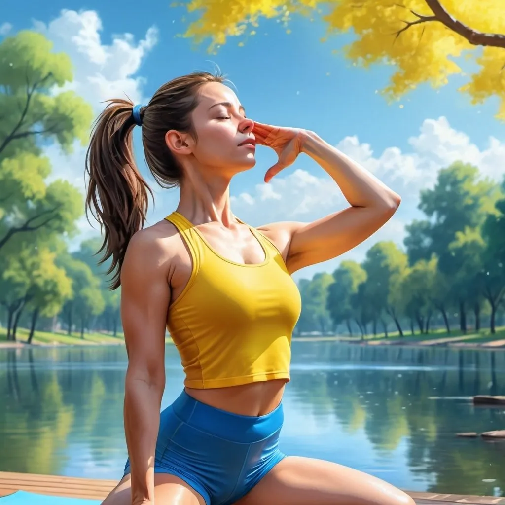 Prompt: 4k , high resolution, bright colors ,realistic illustration,  park , blue sky ,tree, a woman is doing yoga  , yoga stance, lake , brunette hair , ponytail, yellow crop top shirt , blue sport shorts  , show floor ,dynamic ,close up , emotional face expression ,expressionism , low angle shot , portrait ,wet face 