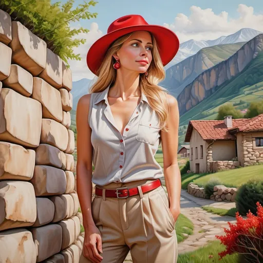 Prompt: 4k , high resolution , extremely detailed oil painting , realism , village , mountains , warm colors . spring season ,
a low angle of beautiful woman posing in modeling pose (long blonde hair , beige sleeveless shirt with red neckline  ,red elegant pants,earrings , summer red  hat )  bushes , small dry stone walling in the background , detailed face , she is 40 years old , legs