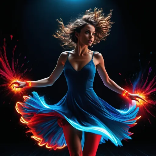 Prompt: 4k , high resolution,realism  , digital painting  , ultra detailed , art photography , bright colors , black background  with glowing color  explosion   , a woman dancing in the dark room ,she wears  red glowing bracelets illuminating her hands) , dynamic movement , full body ,  blue slit mini  dress , the dance makes the dress look more dynamic , 