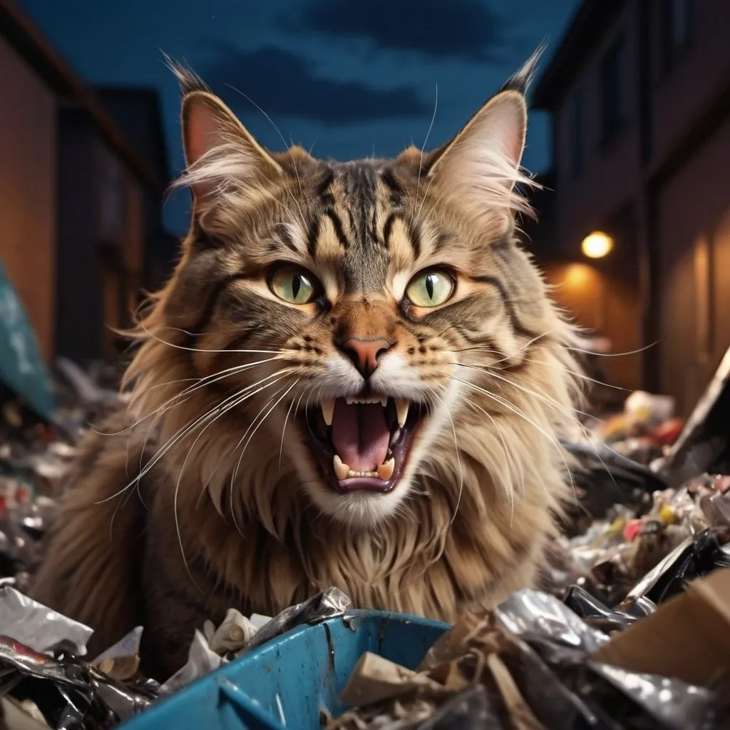 Prompt: 4k, high resolution, digital painting, dramatic colors,intense lighting , night ,detailed features, art photography, long hair cat exposes his teeth in trash  trash yard , , detailed facial expression, low angle shot, good composition, professional lighting, 