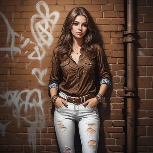 Prompt: high resolution , bright colors , 4k , A digital painting of good looking woman(full body) in brown blouse with a patterns of white dots  ,3/4 jeans with belt ,long brown hair , bracelet,  , dark , night, brick wall (graffiti) and rusty pipe , old and neglected area  , street , she is leaning against the wall in modeling pose,