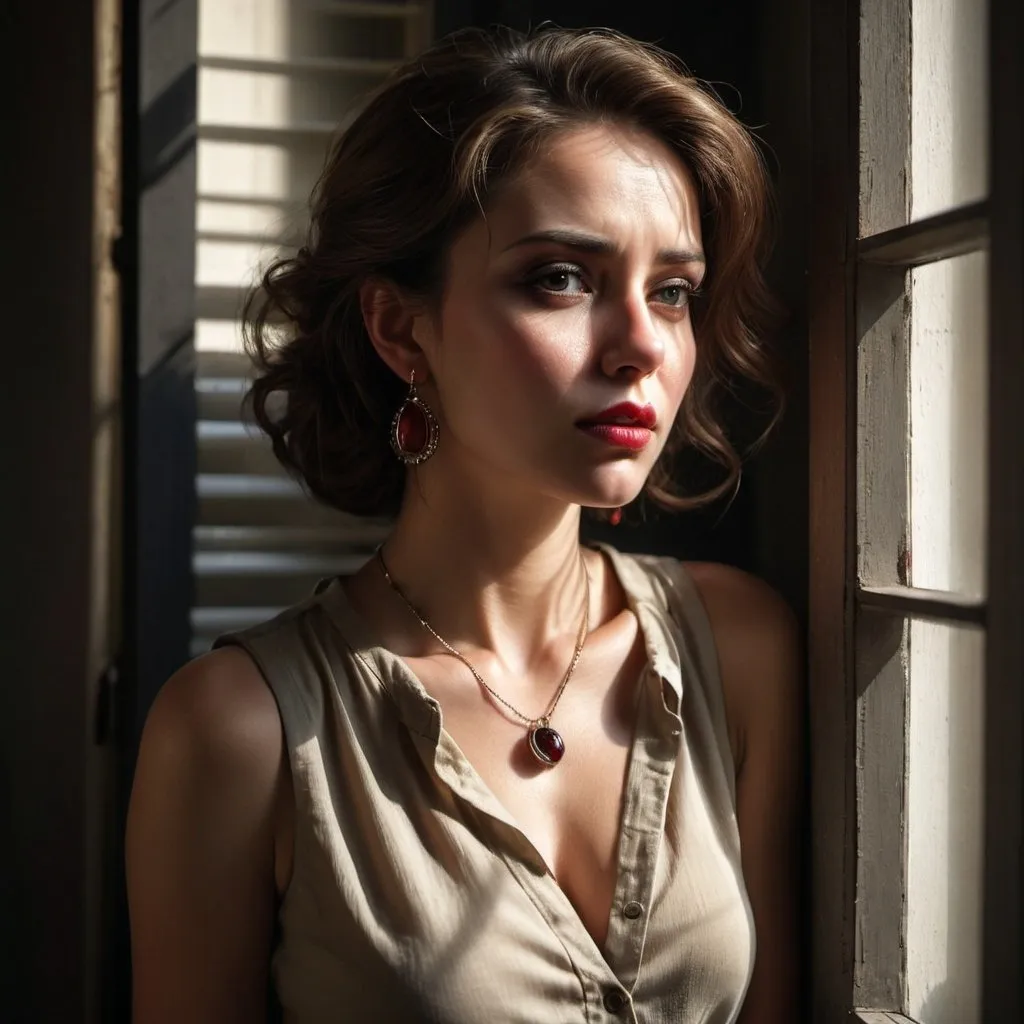 Prompt: high resolution , 4k , detailed face , dark colors , realism,expressionism , window with opened shutters , sad atmosphere, professional modeling photography ,promotional image , dark room , dark walls ,dramatic lighting , a woman drinks red wine , white sleeveless shirt , khaki tight pants , necklace , earrings , sunlight shines the woman through the shutters 