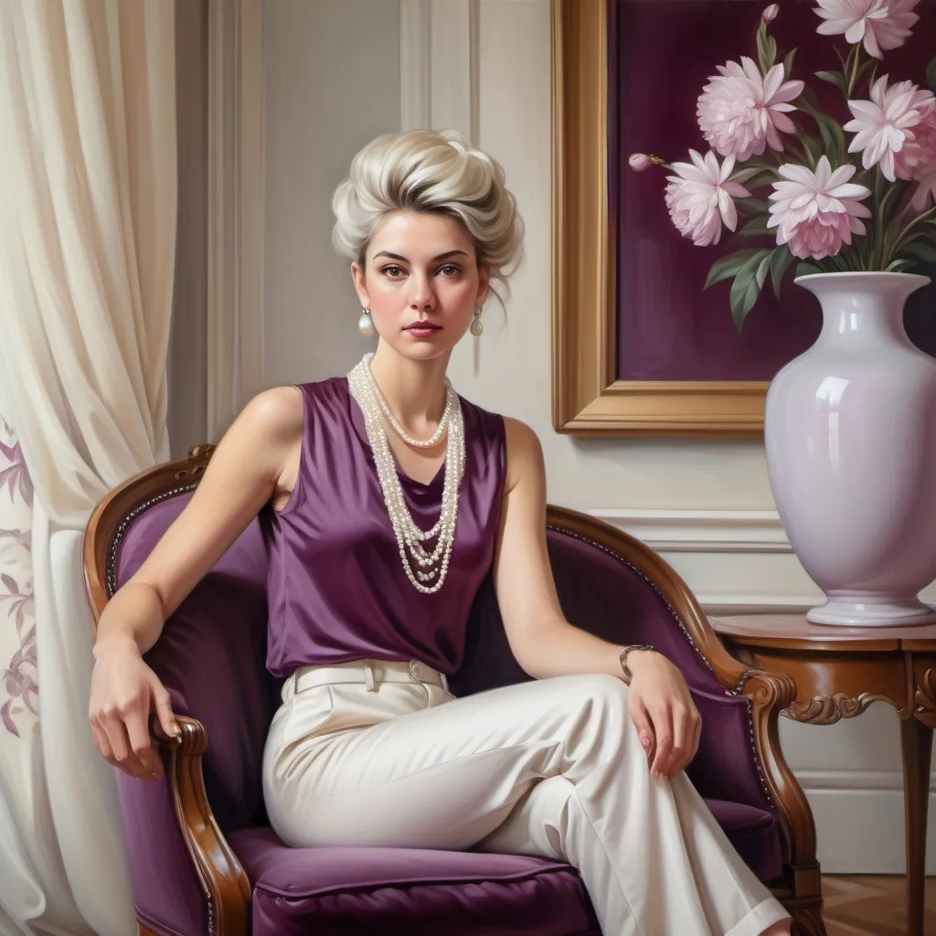 Prompt: oil painting of beautiful woman wearing an (elegant sleeveless plum blouse,pearl necklace ,) and (off-white fancy pants,fancy hairstyle), sitting on armchair near a perfectly designed room with aesthetic wall and plum curtain, vase with flowers near the woman (close up shot) , good composition 