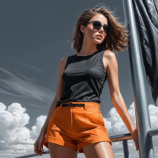 Prompt: 4k,oil painting ,high resolution,professional, Achromatic grays ,light and shadow , sky,modeling ,low angle shot,  a woman is modeling  ,she is leaning against pole,long shag haircut,brunette hair,detailed  long orange shorts ,sleeveless black shirt ,focus on legs ,she wears sunglasses , mirrored lens, close up , portrait , wind