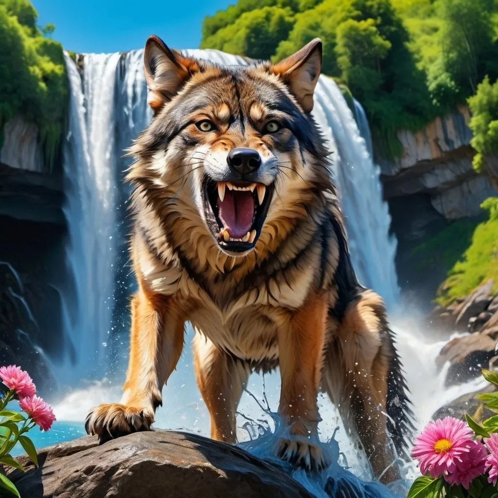 Prompt: 4k , high resolution , detailed photo , oil painting  , animal photography ,close up ,summer,nature , waterfall ,clear shot , flowers ,blue sky ,wolf  stands on rock and  exposes his teeth , aggressive look , scary  , attacking , photography , , aggressive colors in the background ,dynamic photo, action ,low angle shot 