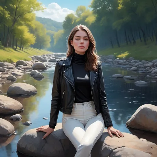 Prompt: (digital painting), (4K), (high resolution), serene (nature scene), lush (trees), expansive (beautiful blue sky), glistening (river), textured (stones), a woman ,  black leather jacket , white turtleneck ,black leggings , close up , peaceful ambiance, palette, soft lighting highlighting details, tranquil atmosphere, inviting surroundings, ultra-detailed, captivating landscape.