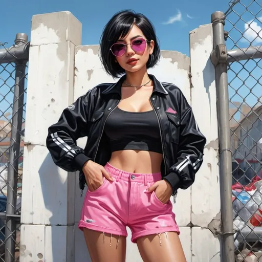 Prompt: 4k , high resolution , detailed , bright colors, photo,digital painting  , realism , artistic ,professional ,  a woman leaning against old white concrete wall  behind her , garbage  , chain-link fence,modeling stance , black hair , bob haircut , opened black jacket , white crop top shirt , pink shorts ,sunglasses ,mirrored lens , pink temple, close up , portrait , smile ,