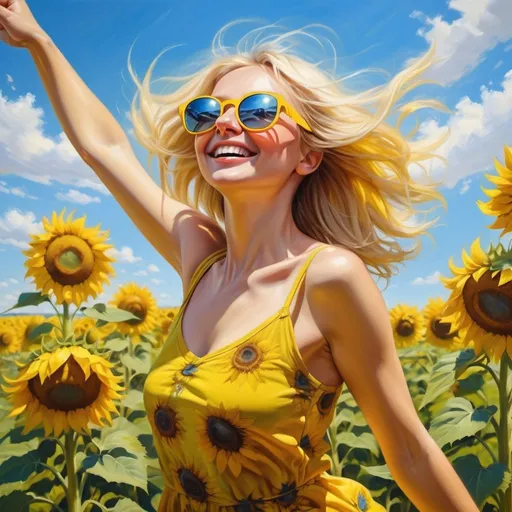 Prompt: 4k,high resolution,detailed,oil painting,spring,bright colors,hot sun,blue sky, common sunflower field,woman dances ,sky ,smile,she enjoys her freedom, blonde hair,yellow floral dress,sun glasses with yellow temples, mirrored lens, focus on legs ,dynamic , movement   , low angle shot