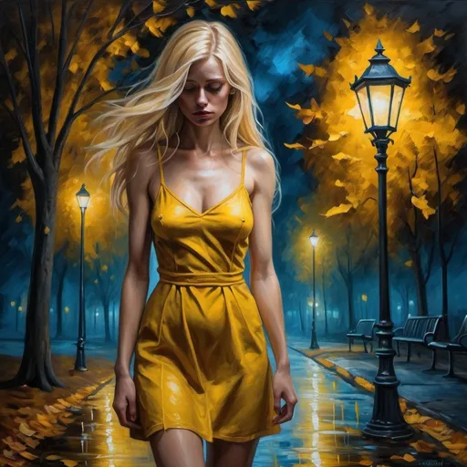 Prompt: 4k,high resolution,detailed,oil painting, modeling ,dark colors , park  ,autumn , lonely sad woman  ,street light with her hand ,blue eyes, long blonde hair, yellow mini dress reveals legs ,barefoot , dramatic , sad colors , expressionism , loneliness , colors express sadness ,close up on the woman , unique hand pose