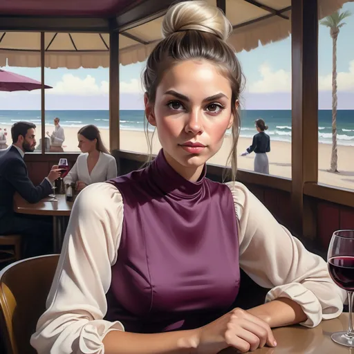 Prompt: A powerful woman(bun hairstyle) in an (elegant plum blouse and off-white long sleeves ) and (off-white miniskirt) sitting in a chic cafe, looking directly at the viewer with a tough face expression, confidently holding a glass of wine. (Oil painting), showcasing her (detailed features) in (high resolution). The backdrop reveals a serene beach, enhancing the (luxury lifestyle)