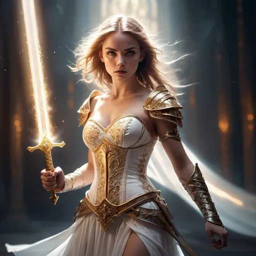 Prompt: (brave female warrior holding a magical glowing sword), standing in fighting stance, white and gold mixed color corset, white dress, fantasy, digital painting, (4K), high resolution, dynamic pose, intense expression, glowing aura, ethereal atmosphere, otherworldly background, intricate details, soft shadows, dramatic lighting, epic composition, HD quality.