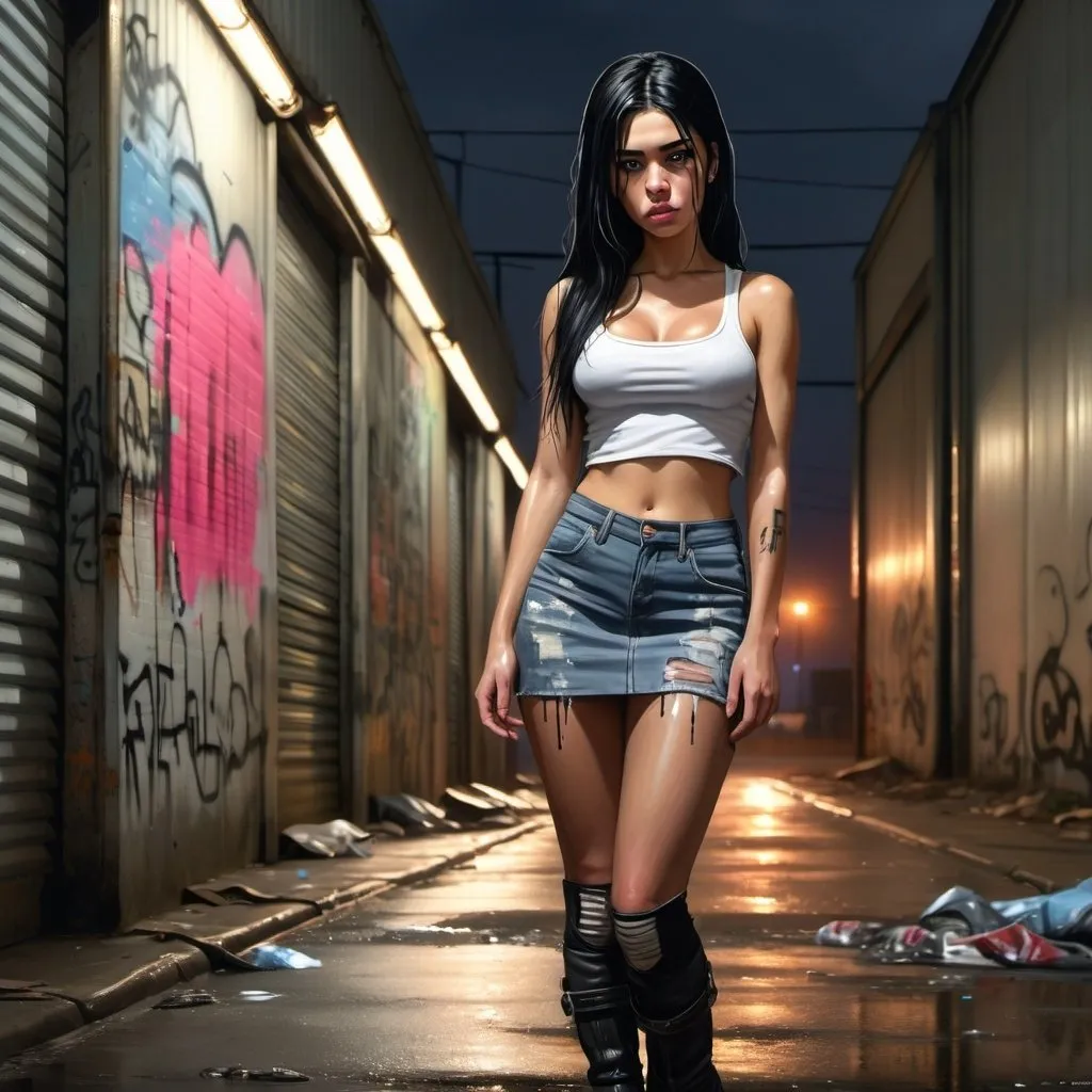 Prompt: 4k , high resolution , expressionism , photorealistic , digital painting  , night , road , industrial , warehouse in background with roller shutter Door , graffiti , dirty place ,woman is in modeling stance   , boots  , jeans skirt ,  ,white crop top shirt, long black hair , street light , close up , low angle shot , she looks tired and sad , portrait , detailed face 