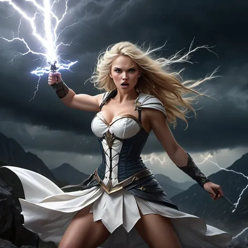 Prompt: 4k , high resolution ,fantasy, illustration , dark colors , artistic ,mountain, a woman holds up magical sword ,big storm caused by the magical sword , strong wind ,dark background, blonde hair ,white crown on her head , white combat corset , white short skirt revealing legs  ,combat stance , thunder aura around the sword , sword's blade glowing with the thunder , portrait , 