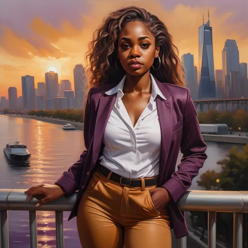 Prompt: oil painting of a black woman(plum jacket , white shirt , brown tight pants) standing(dramatic face expressions) near the safety railing ,sidewalk , surrounded by a stunning city skyline, capturing urban beauty, warm sunset hues reflecting on water, soft waves lapping at the shore, a gentle breeze in her hair, (4K) quality, realism , high resolution 