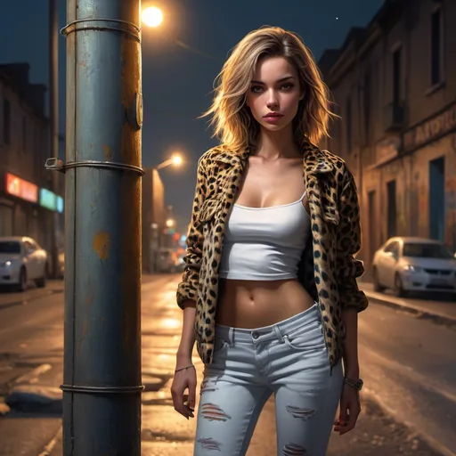 Prompt: (expressionism) (4K), (high resolution), photorealistic digital painting, captivating night scene, road, dimly lit street lights, vibrant graffiti on aged walls, wearing high-skinny jeans   , leopard jacket , stylish white tube top shirt,woman  leaning against the  weathered pole, , emphasis on light contrasts, ultra-detailed textures.