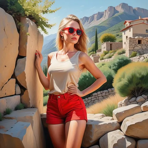 Prompt: 4k , high resolution , extremely detailed oil painting , realism , village , mountains , sunny ,
a low angle of beautiful woman posing in modeling pose (blonde long hair,, beige sleeveless t-shirt with red neckline  ,red elegant shorts ,earrings ,red sunglasses  )  bushes , small dry stone walling in the background , detailed face , she is 40 years old , legs ,