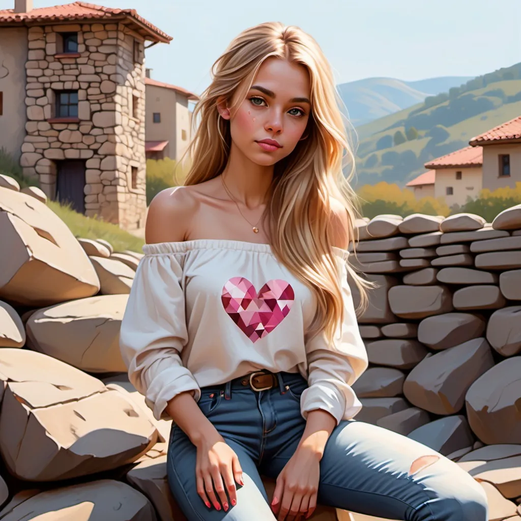 Prompt: digital painting of a woman is sitting on rock,(off-shoulder white shirt )with patterns (pink hearts) , skinny jeans , tanned skin ,long  blonde hair , red nails , she is standing and there is a a building with dry-stone wall  behind her with irregularly shaped stones, with natural colors like beige, cream, and light brown. ,. Small patches of green vegetation grow in the crevices between the stones. , urban settings , sunny day , summer , bright sky  