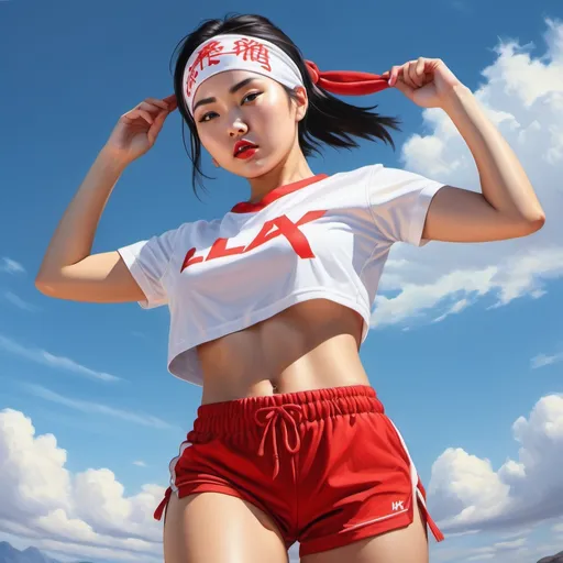 Prompt: 4k,oil painting ,high resolution,professional, bright colors , blue sky,modeling , law angle shot,show sport activity, a asian woman is modeling , red bandana on head,haircut,black hair, red sports shorts, white t-shirt ,focus on legs , close up on legs , modeling pose 