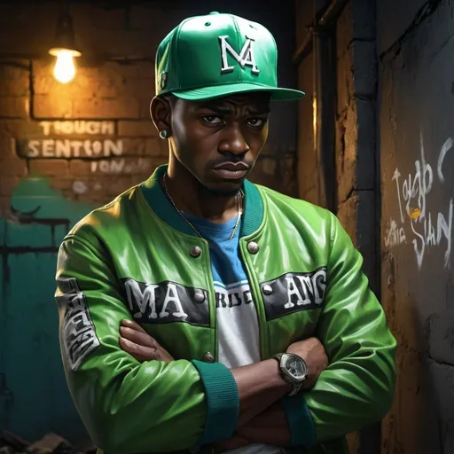 Prompt: 4k , high resolution , digital painting , modeling , neglected ally , dramatic colors, old building wall , led lights above the man , tough man stands near the wall ,crossed hands , angry face , ,dark skin, mid fade haircut , opened green letter jacket , white under shirt , blue jeans, ,necklace , green hat , close up on the man ,