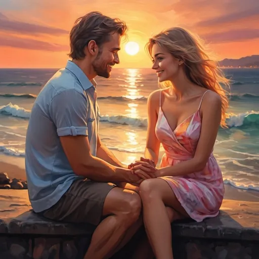 Prompt: 4k , high resolution , realism , digital painting , sea , sunset , expressionism , love , romantic scene , a man and woman are sitting  together , they both look at each others , they both smile  .
the woman wears mini dress , close up

