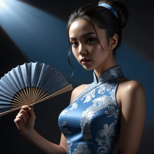 Prompt: 4k , high resolution , digital painting , photorealism , artistic , achromatic grays , dark room ,sunlight,  modeling , a asian woman holds beautiful blue detailed  fans in modeling pose ,dynamic photo , dramatic ,  hair buns  hairstyle , blue modern cheongsam dress , legs , model stance , low angle shot , expressionism , close up , light and shadow photography , portrait , 