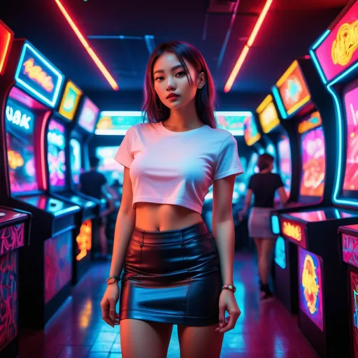 Prompt: (vibrant neon lighting), a woman standing confidently(crop top shirt , night miniskirt ), (night club scene,arcade in background) filled with dynamic colors, contrasting red and soft light blue hues illuminating the background, an energetic and night atmosphere, captivating details enhancing the nightlife experience